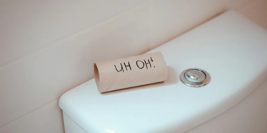 an empty toilet paper role on the back of a toilet